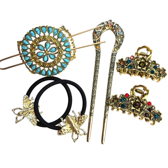 Accessories - Vintage Style Gold Hair Accessory Set Bee Ties Turquoise Slide Floral Clips 6pc